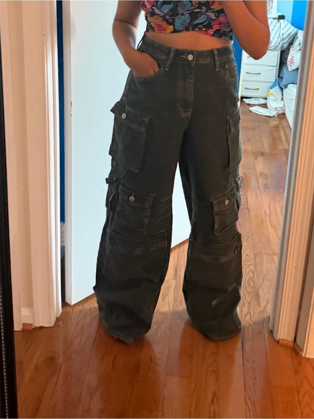 Fashion Nova Olive Black Washed Boyfriend Cargo Jeans